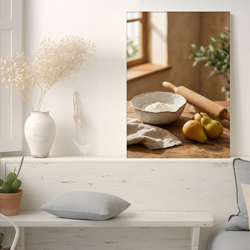 Art mural en bois avec rouleau à pâtisserie et farine en bois avec poires sur table, H 30 po x l 20 po