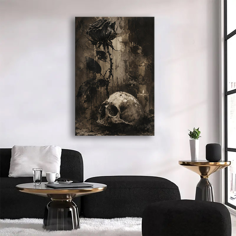 Rose noire vieillie et crâne humain avec bougies vacillantes - Toile murale gothique vintage pour l'Halloween, 20 x 24 po