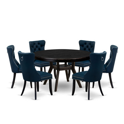 7-piece Modern Dining table set included a Dining Table and 6 Platinum Gray Polyester fabric Dining Chairs with Button Tufted Back - Antique Walnut Finish