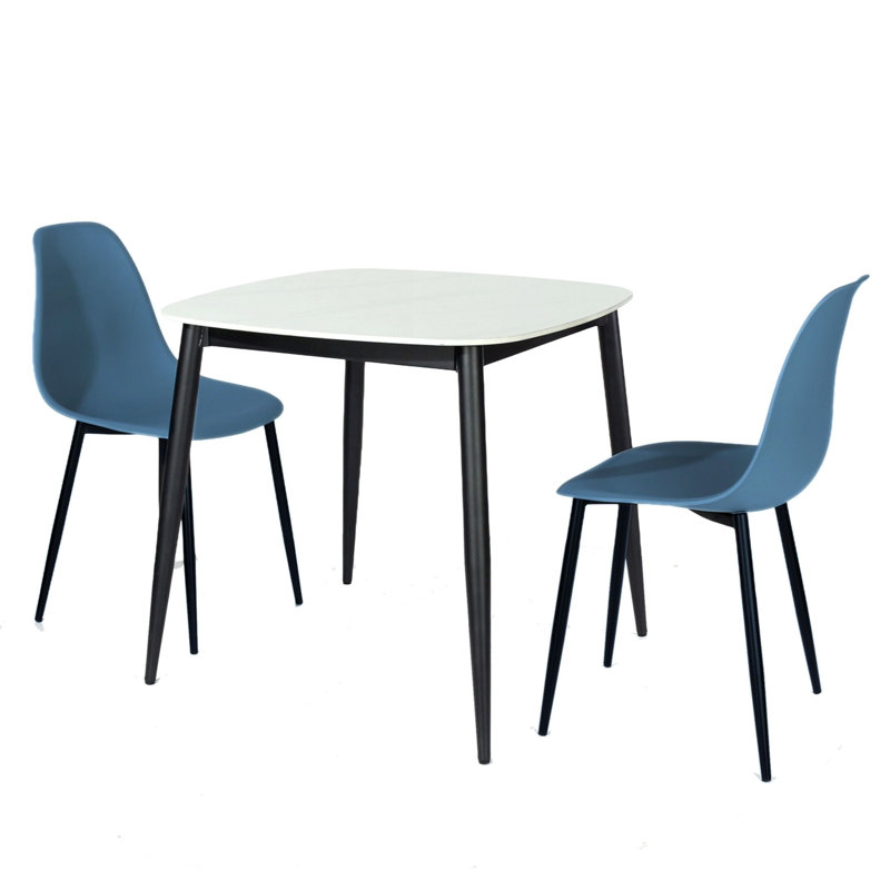 Aspen Gloss White Sintered Stone Square Table with 2 Curve Plastic Chairs - Modern Dining Set, Blue
