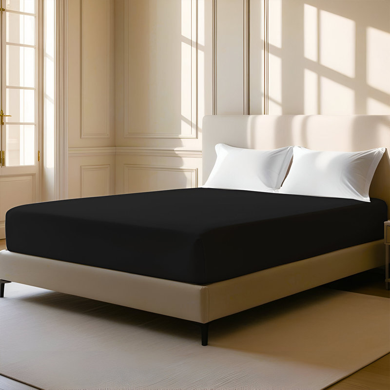 400TC Sateen Solid Cotton Fitted Sheet Fits Upto 8" Deep Pocket, California King Fitted Sheet, Black