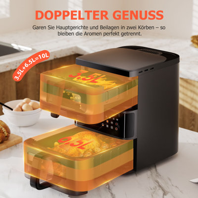 11QT Double Basket Air Fryer, 10-in-1 Functions, Air Frying, Baking, Dehydrating & Warming , Non-stick Coating, LED Touch Screen, Silent Operation.