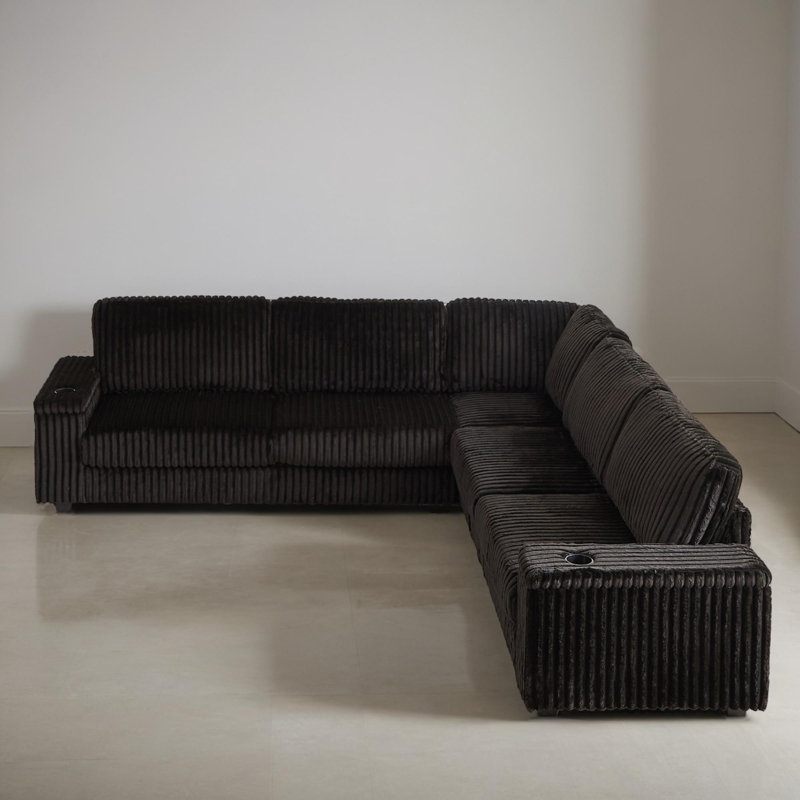 Canapé modulaire en L de 110 po de large avec ports USB, Velours côtelé noir
