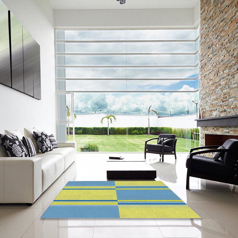 Tapis bleu ciel/bleu marine à motifs, Carré 7 pi