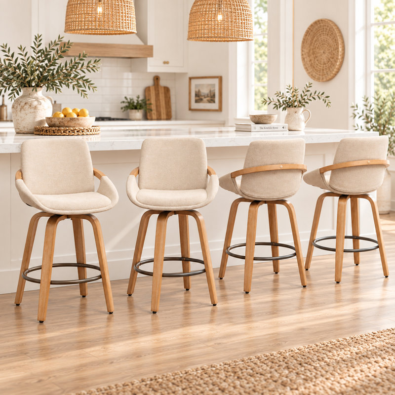 Tabourets de comptoir pivotants en polyester Junipero avec finition patinée (ensemble de 4), Beige