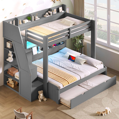 Twin Over Full Bunk Bed With Storage Staircase, Trundle, Storage Shelves, Led And Usb