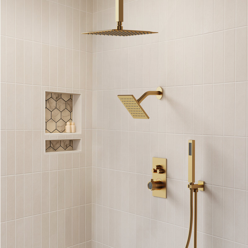 Robinet de douche à pluie haute pression de plafond de 12 po, système de pomme de douche à double effet de pluie avec valve thermostatique