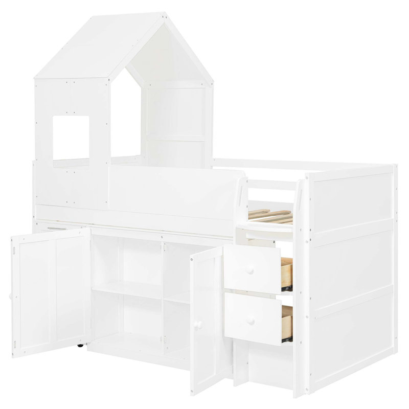 Lit mezzanine en bois peu encombrant avec bureau intégré et rangement, White