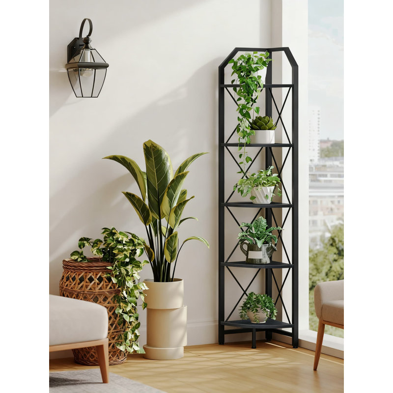 5-Tier Corner Bookshelf, Industrial Style Storage Shelf With 5 Spacious Tiers, Fan-Shaped Design For Maximizing Corner Space In Living Room, Bedroom, Home Office