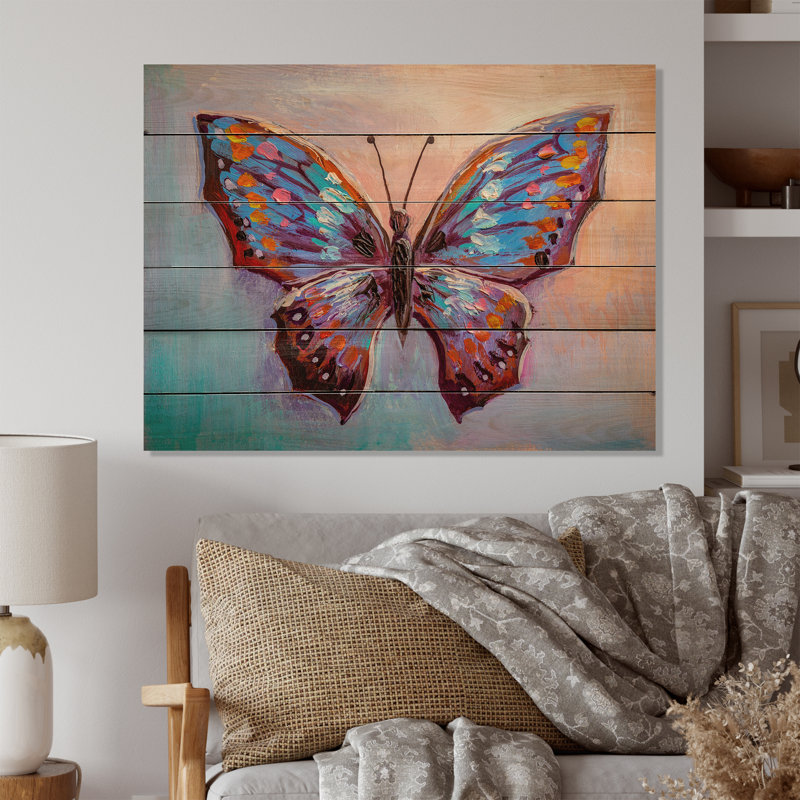 Magnifique papillon - impression sur bois rose campagnard, H 30 po x l 40 po x P 1 po