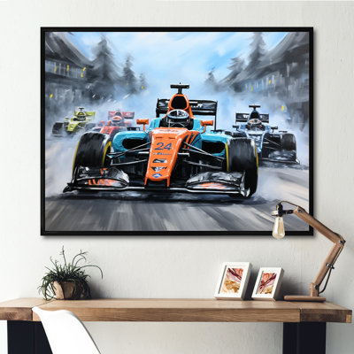 Orange et bleu, voiture de course, art mural