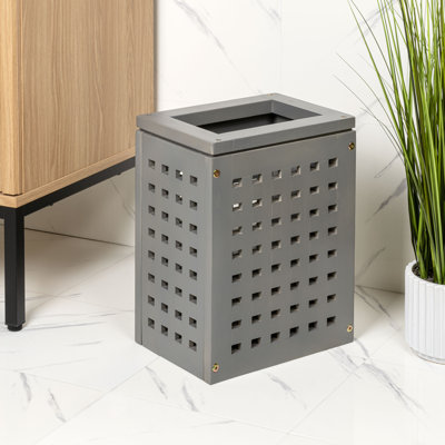 Junie Coastal Farmhouse Handcrafted Acacia Wood Indoor/Outdoor 2.7-Gallon Rectangular Grid Wastebasket, Gray Wash