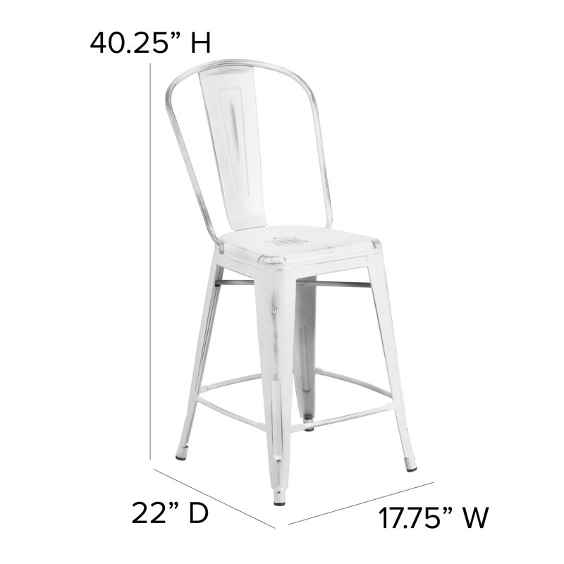 Angelean 24" High Distressed Metal Indoor-Outdoor Counter Height Stool - Back, White, Counter Stool (24" Seat Height)