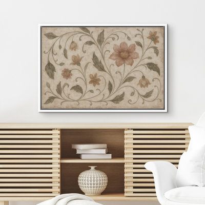 Vintage Floral Scrollwork Botanical Pattern in Soft Neutral Tones Framed Canvas Master Bedroom Wall Art Work Print