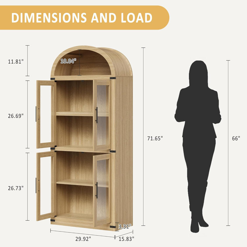 4-door Arched Bookshelf With Glass Doors For Living Room, Kitchen, Office, Wood