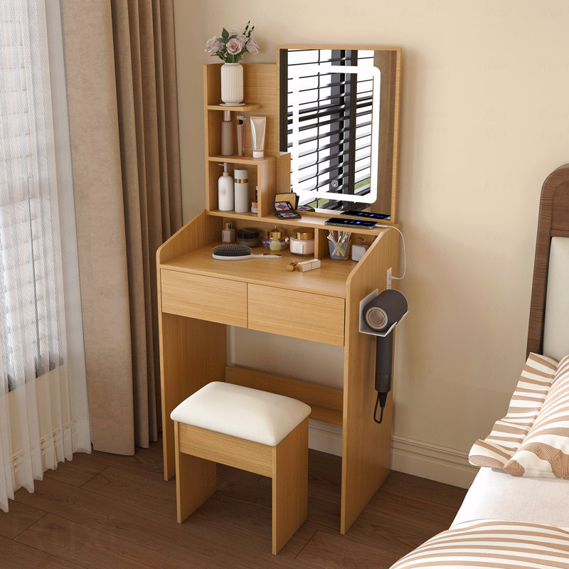 Table de coiffeuse avec miroir lumineux à DEL, prise de courant, support pour sèche-cheveux et tabouret - coiffeuse compacte pour petites chambres