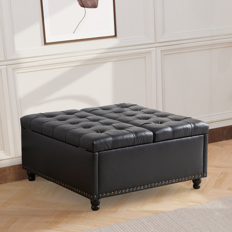 Delmontez 35.5'' Upholstered Storage Square Ottoman, Black Performance Faux Leather