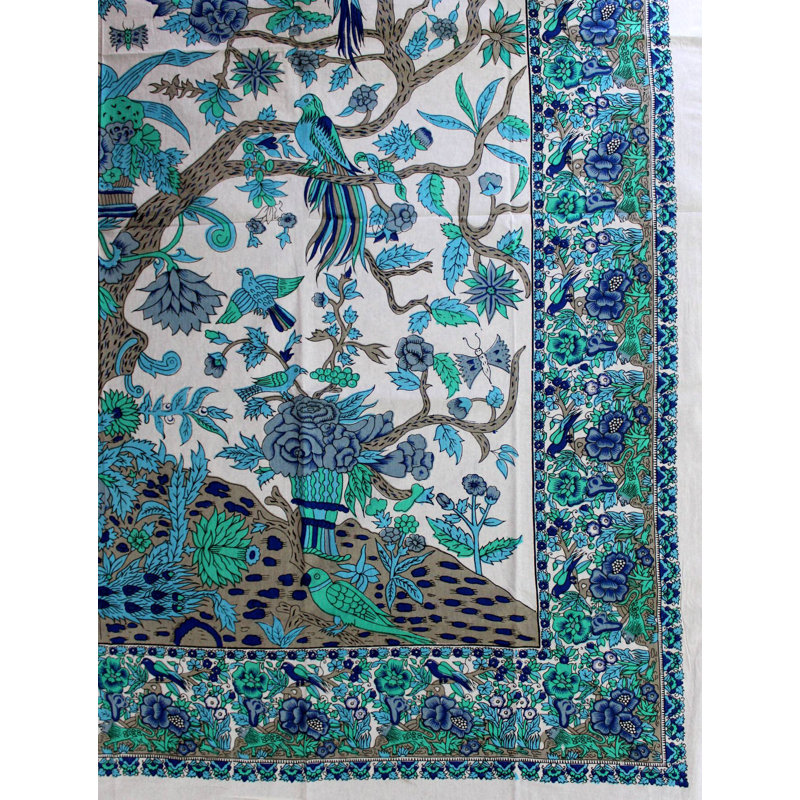 Floral Tree of Life 100% Cotton Square Tablecloth, Blue Turquoise