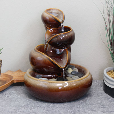Aolani Tiered Vessels Modern Ceramic Brown Indoor Tabletop Fountain