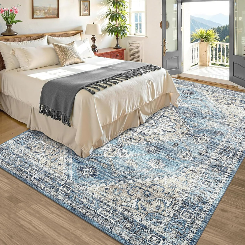 Tapis lavables pour le salon, tapis de chambre à coucher floraux bleus rétro, Rectangulaire 8 pi x 10 pi