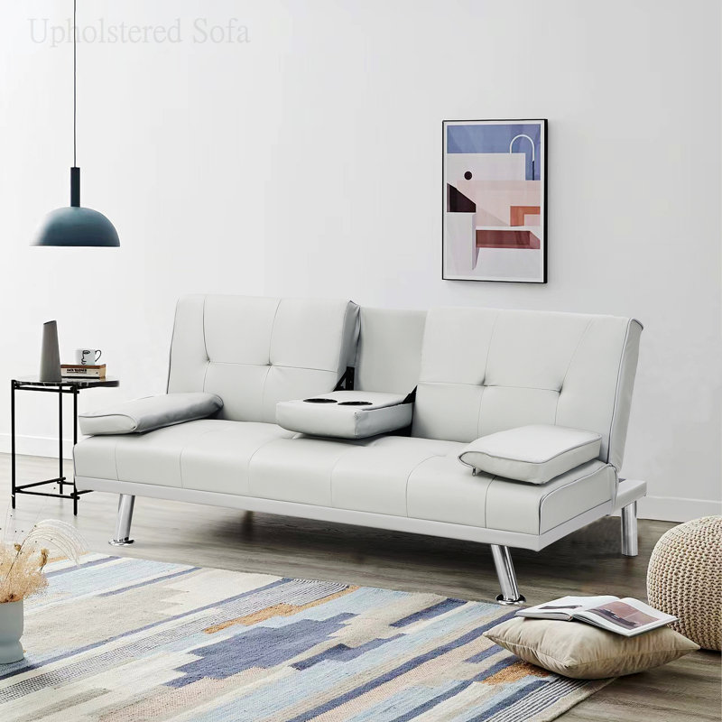 Deantwan Rolled Arm Sleeper, White Faux Leather, 33" H x 67" W x 31" D