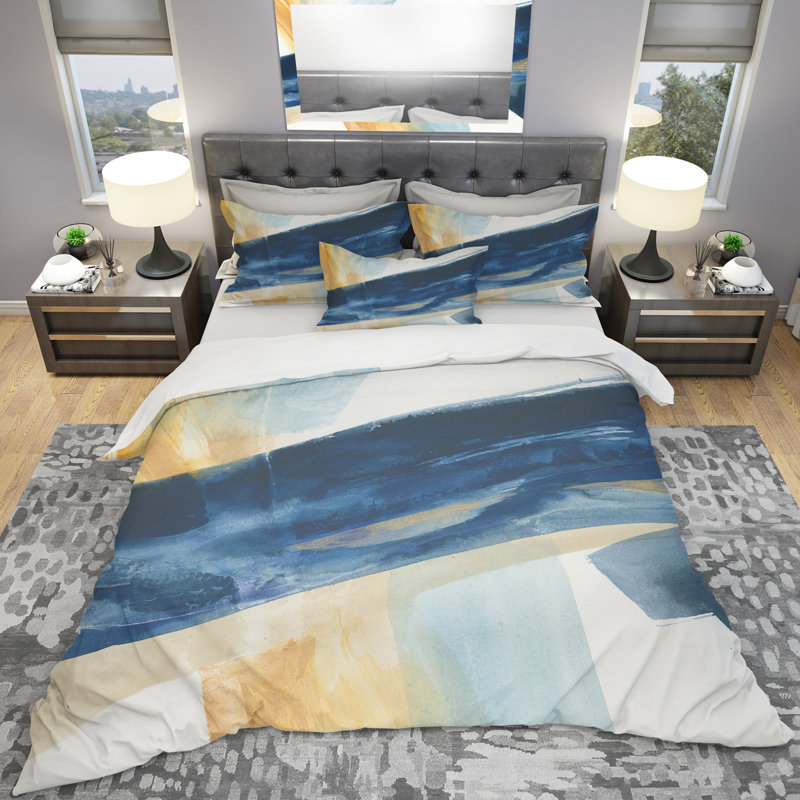 Indigo Panel I - Glam Modern Duvet Cover Set - Microfiber Polyester, Full/Queen Duvet Cover + 2 Shams