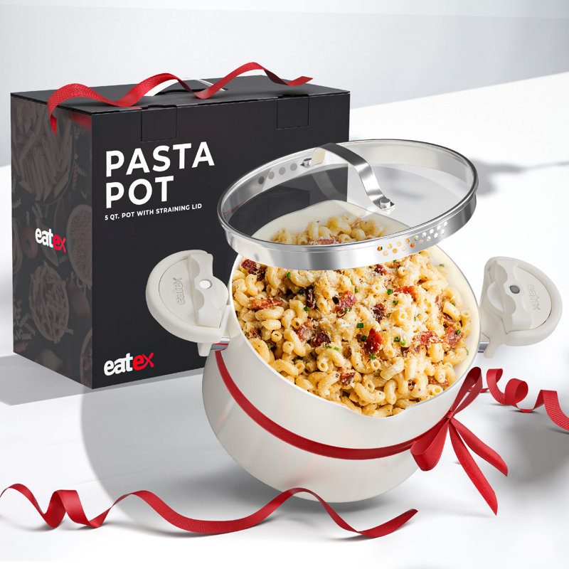 Cream Stainless Steel Pasta Pot with Strainer Lid and Twist & Lock Handles