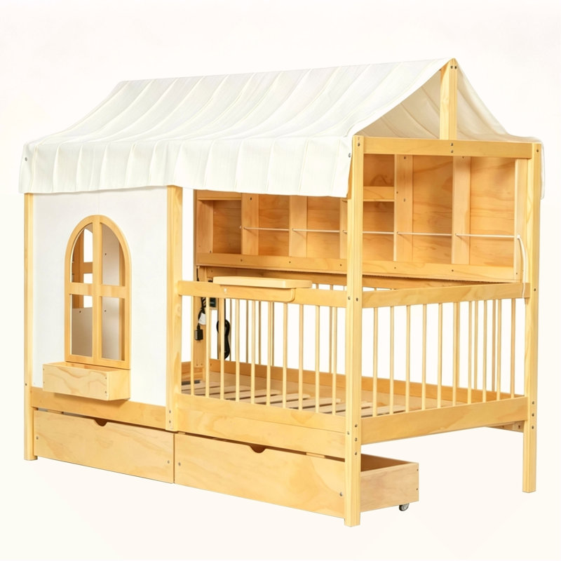 Lit simple simple avec 2 grands tiroirs, bibliothèque latérale avec bande DEL, naturel, H 53,9 po x l 41,9 po x P 77,7 po