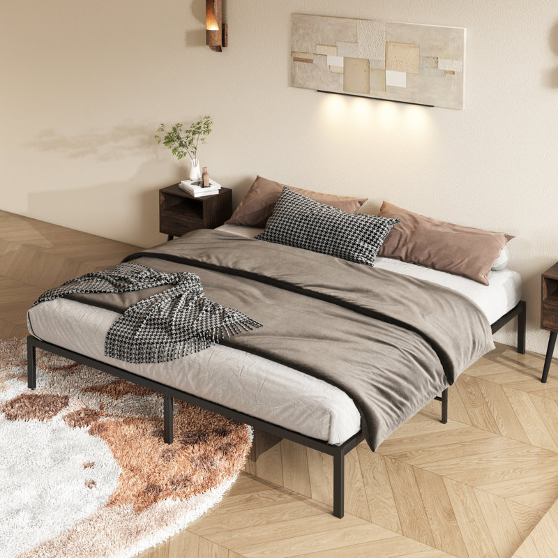 Très grand lit plateforme en métal, avec structure de lit très grande et fiable, solide, sans sommier, noir pour une bonne nuit de sommeil