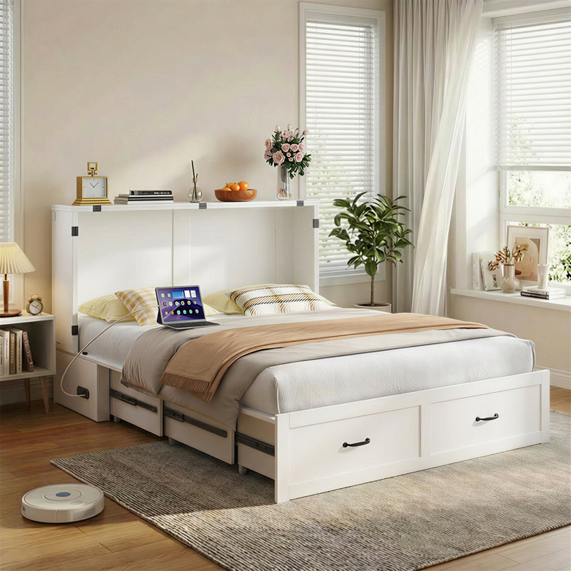 Grand lit escamotable avec station de charge et tiroir Murphy, blanc, Blanc
