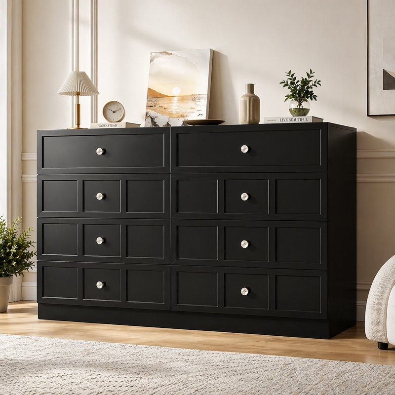 Commode 8 tiroirs 47 "- Commode pour chambre à coucher, grande commode de rangement, Noir