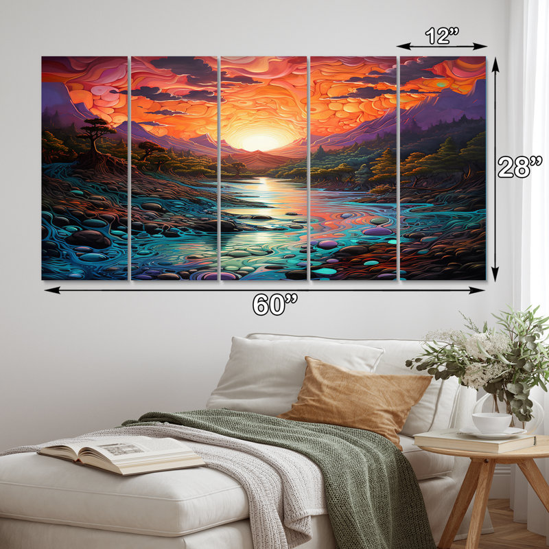 Coucher de soleil sur une rivière de montagne - art mural sur toile - 5 panneaux égaux