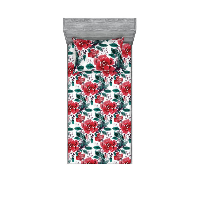 Drap-housse et taies décoratives 3 pièces Ambesonne, Corail foncé, vert forêt / floral