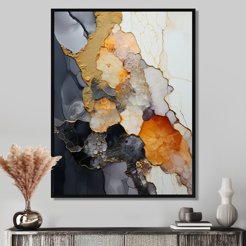 «Silver Gold Rock Impression» - impression d'art mural en marbre, H 20 po x l 12 po x P 1 po, Toile avec cadre flottant noir