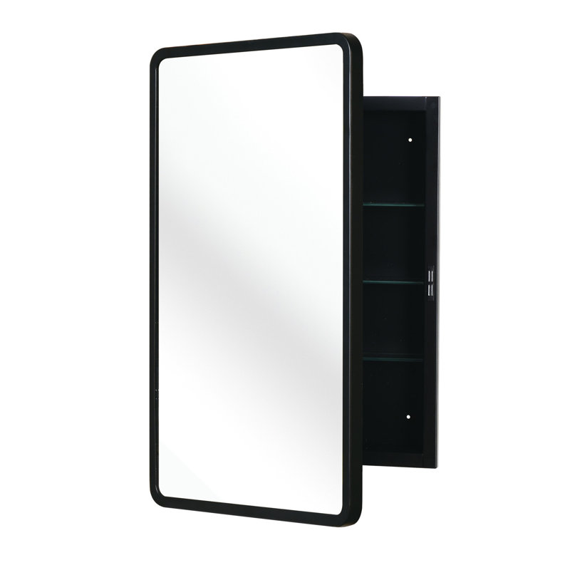 Armoire à miroir avec cadre en métal noir 16 x 24 pouces - fixation murale ou encastrée pour la salle de bain 3 tablettes réglables, cloisons en verre trempé, surface antirouille, style classique et surface de 1 cm d'épaisseur