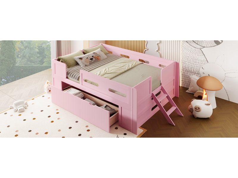 Lit plateforme en bois avec garde-corps et tiroir, rose, Lit simple