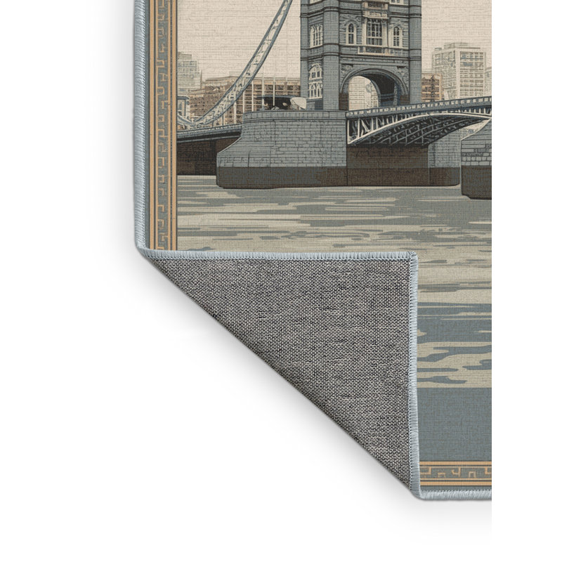 Machine Washable Paitlyn London Tower Bridge Traditional Oriental Rug in Beige – SkyBlue Binding, 3x5