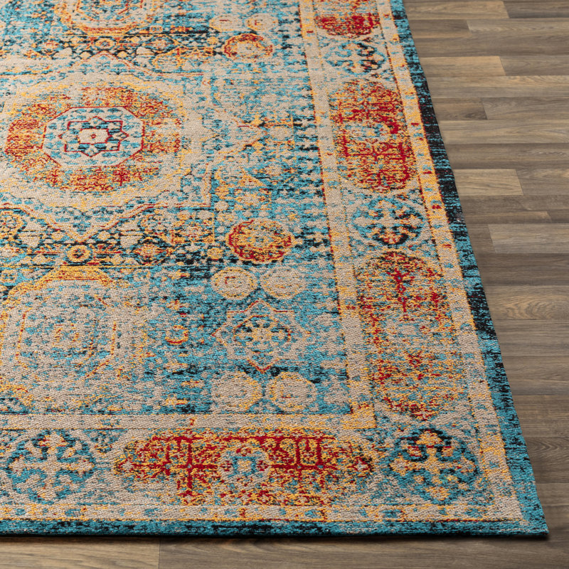 Tapis bleu clair / safran tissé à plat à la main Aoi, Rectangle 8 pi x 10 pi