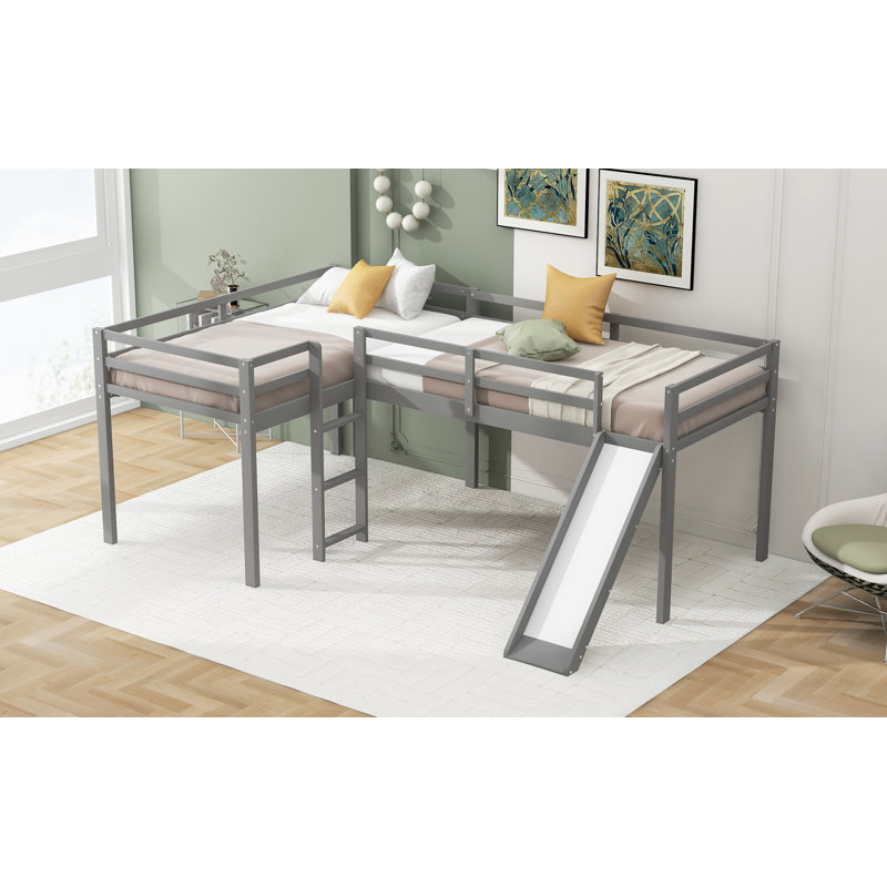  L-Shaped Twin Loft Bed Frame with Built-In Slide and Ladder, Elevated Platform Sleeping Solution, Gray, Gray