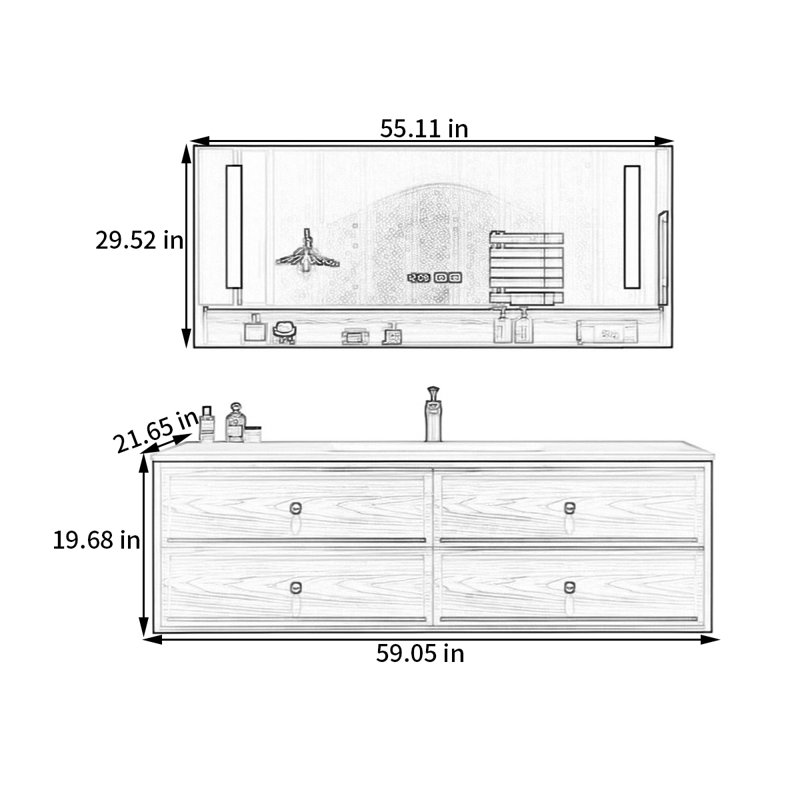 Armoire de salle de bain de style moyen-antique, H 19,68 po x l 59,05 po x P 21,65 po
