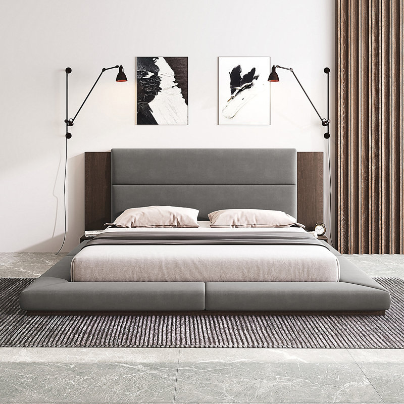Lit plateforme tapissier de plancher avec tête de lit en bois allongée et tablette de chevet, aucun sommier nécessaire