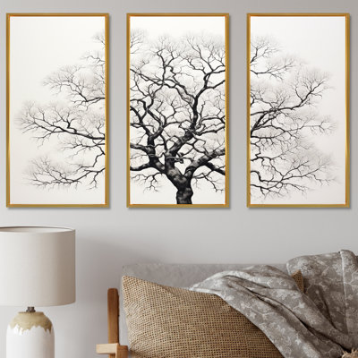 Minimalisme avec arbres en chêne noir et blanc - ensemble de décorations murales en chêne