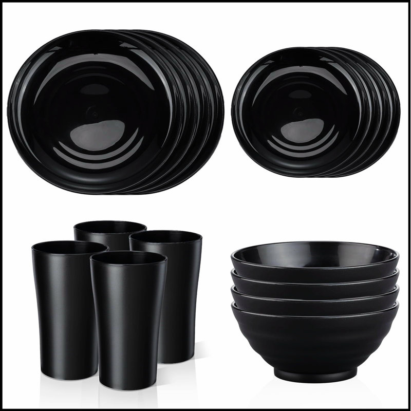 Service de vaisselle noir pour 4 assiettes, bols et tasses en plastique sans BPA de 16 pièces, incassable et allant au micro-ondes