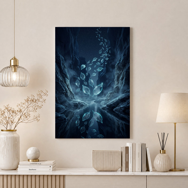 Feuilles bleues brillantes s'élevant dans un canyon sombre - Tableau sur toile, H 40 po x l 28 po