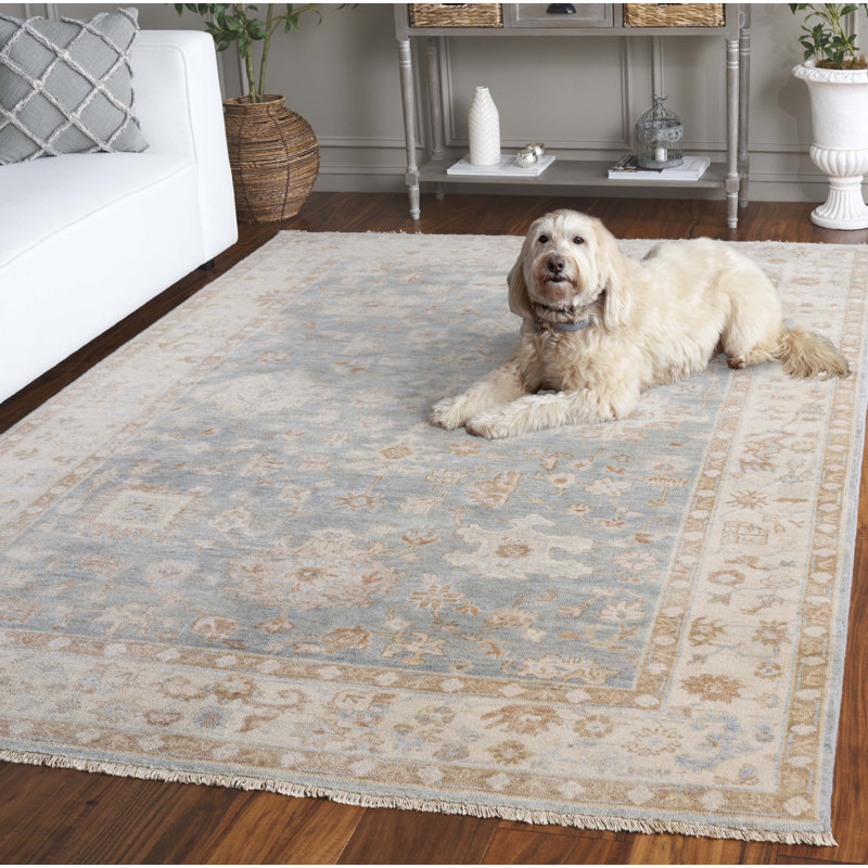 Rectangle Solid Color Hand-Knotted Wool/Cotton Area Rug in Beige, Rectangle 6' x 9'