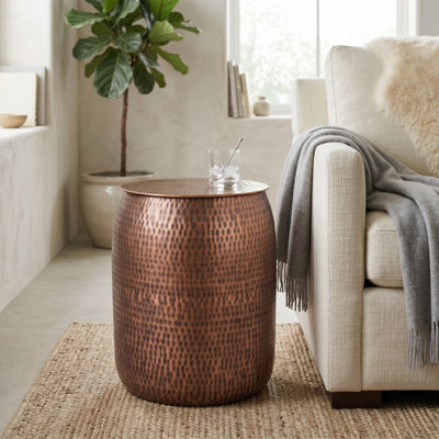 Hammered Metal Side Table with Copper and Brass Antique Finish, Handcrafted Drum Accent Table – 16” Wide
