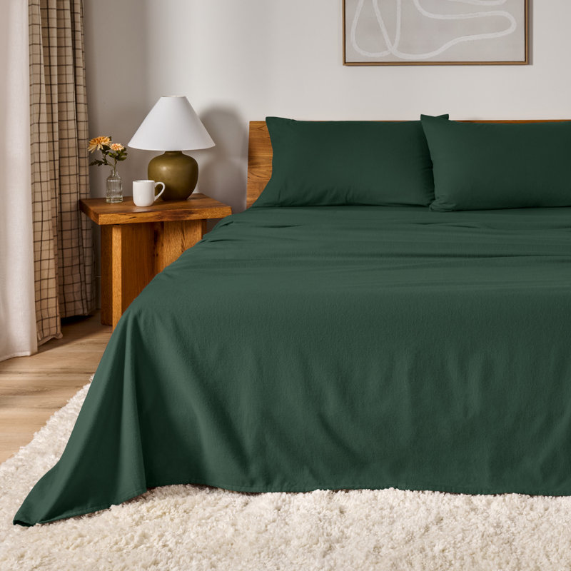 100% Cotton Flannel Sheet Set, Full / Double Sheet Set with 2 Pillowcases, Forest Green