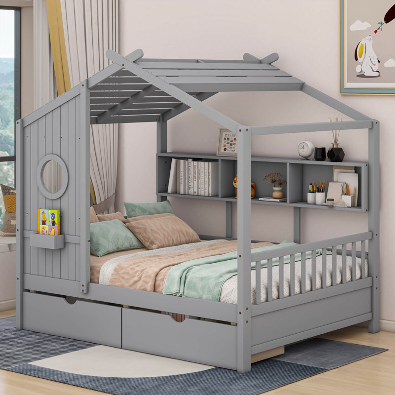 Lit maison en bois Lompico, gris, Double