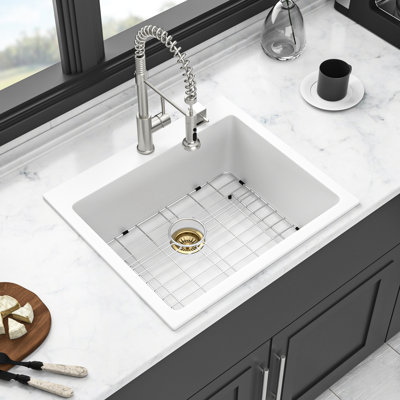Évier de cuisine encastré en quartz blanc de 25 po x 22 po, conception épaisse et silencieuse, surface non poreuse pour une cuisine propre, ensemble avec grille de séchage en composite de granit, réduction de la saleté, nettoyage facile,