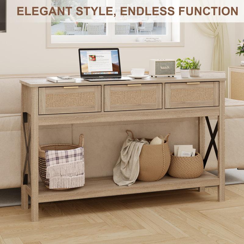 Natural Wood Console Table with Sisal Drawers and Open Shelf